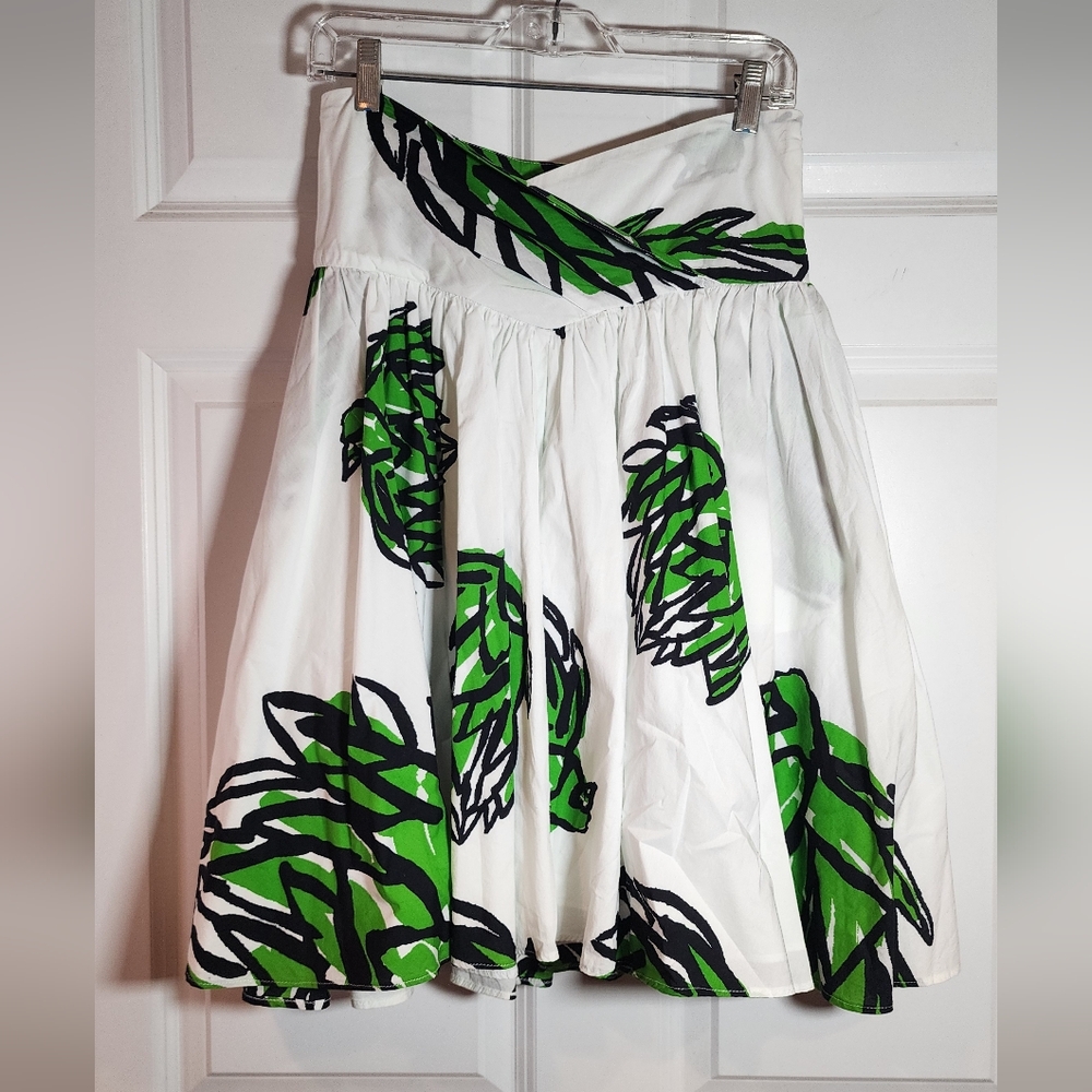 Diane Von Ferstenberg White Black Green Artichoke Print Zip Side A Line Skirt 4